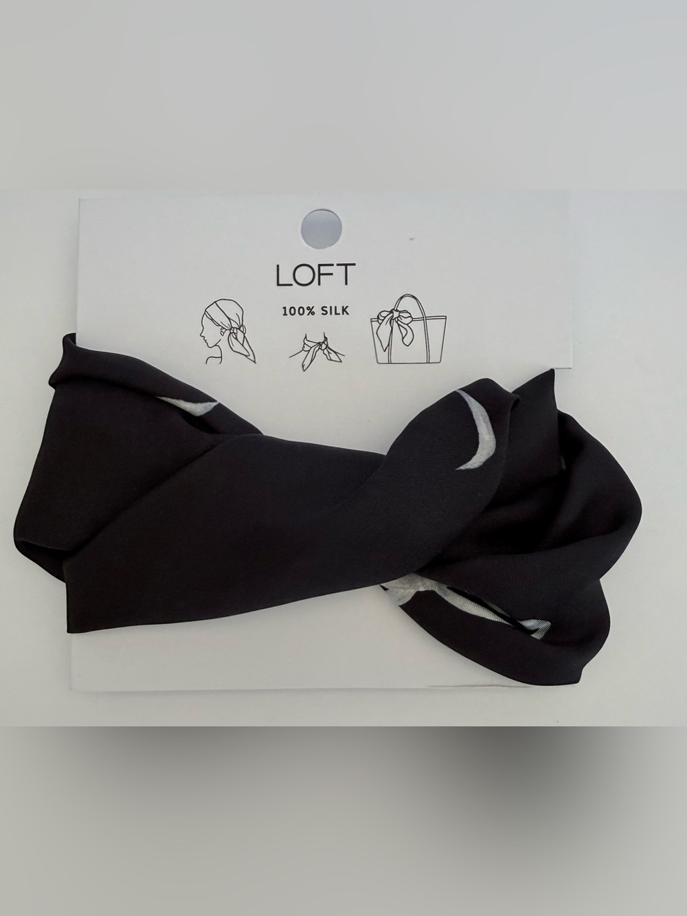 NWT LOFT 100% Silk Black White Ribbon Square Scarf 24.5"